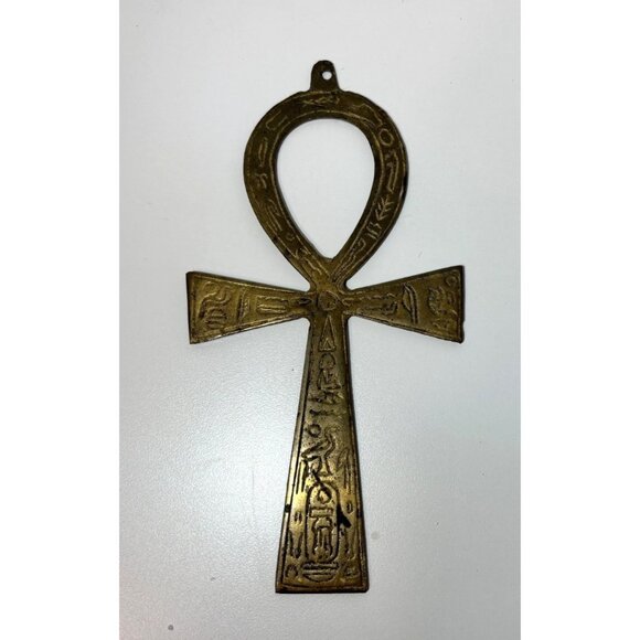 N/A Other - Vintage Egyptian Ankh Brass Wall Hanging With Hieroglyphics Design 7" Patina